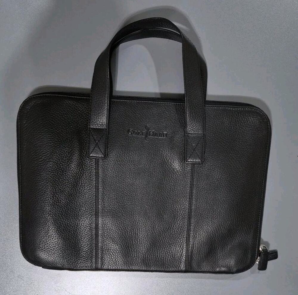Cole Haan Black Pebbled Laptop Briefcase Work Bag Tote Zip Top Business